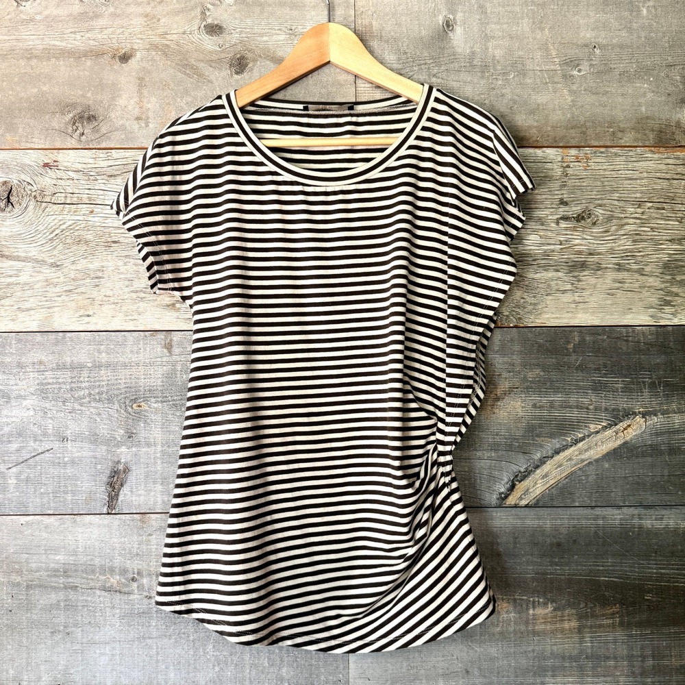 Weekend Max Mara Striped Ruched Asymmetrical Jersey Top S Brown‎ Flounce Flutter